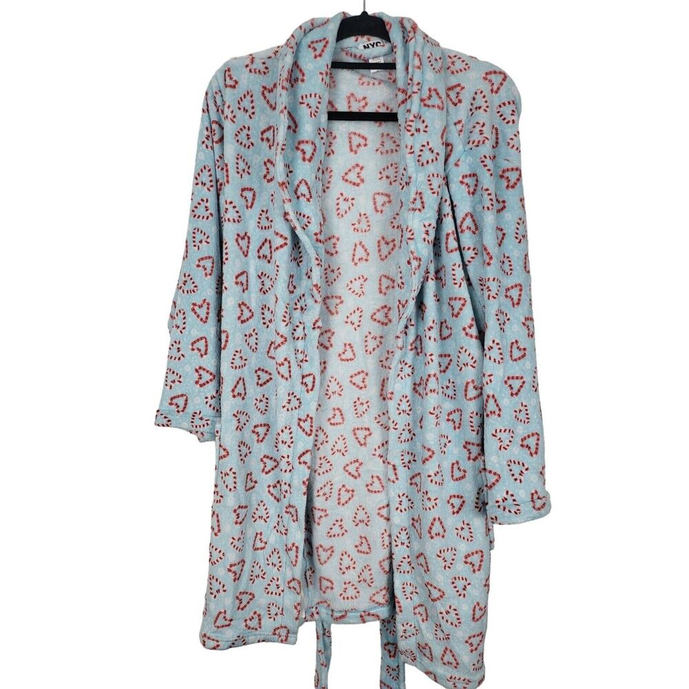 NYC Underground Super Soft Robe OS Womens Long Sleeve Green Blue Candy Cane‎